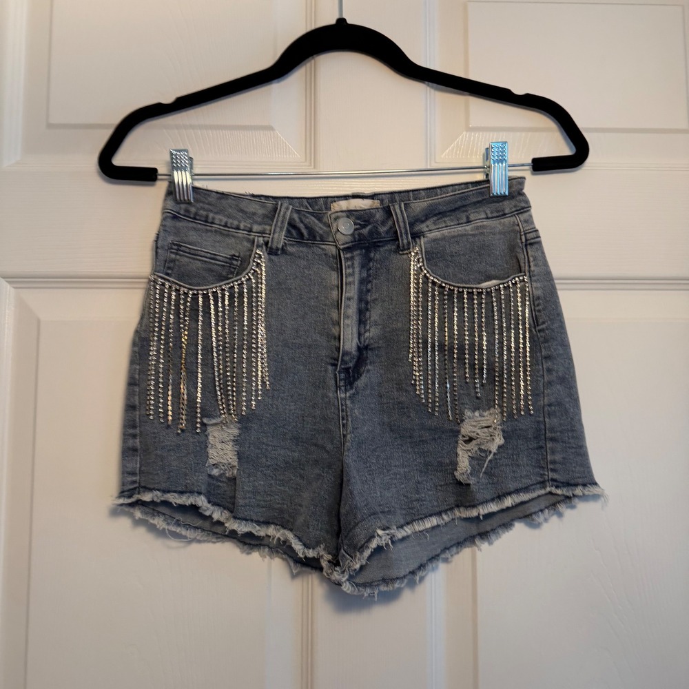 altar'd state Denim Shorts Blue XS Rhinestone Fringe Boho Festival Cowgirl